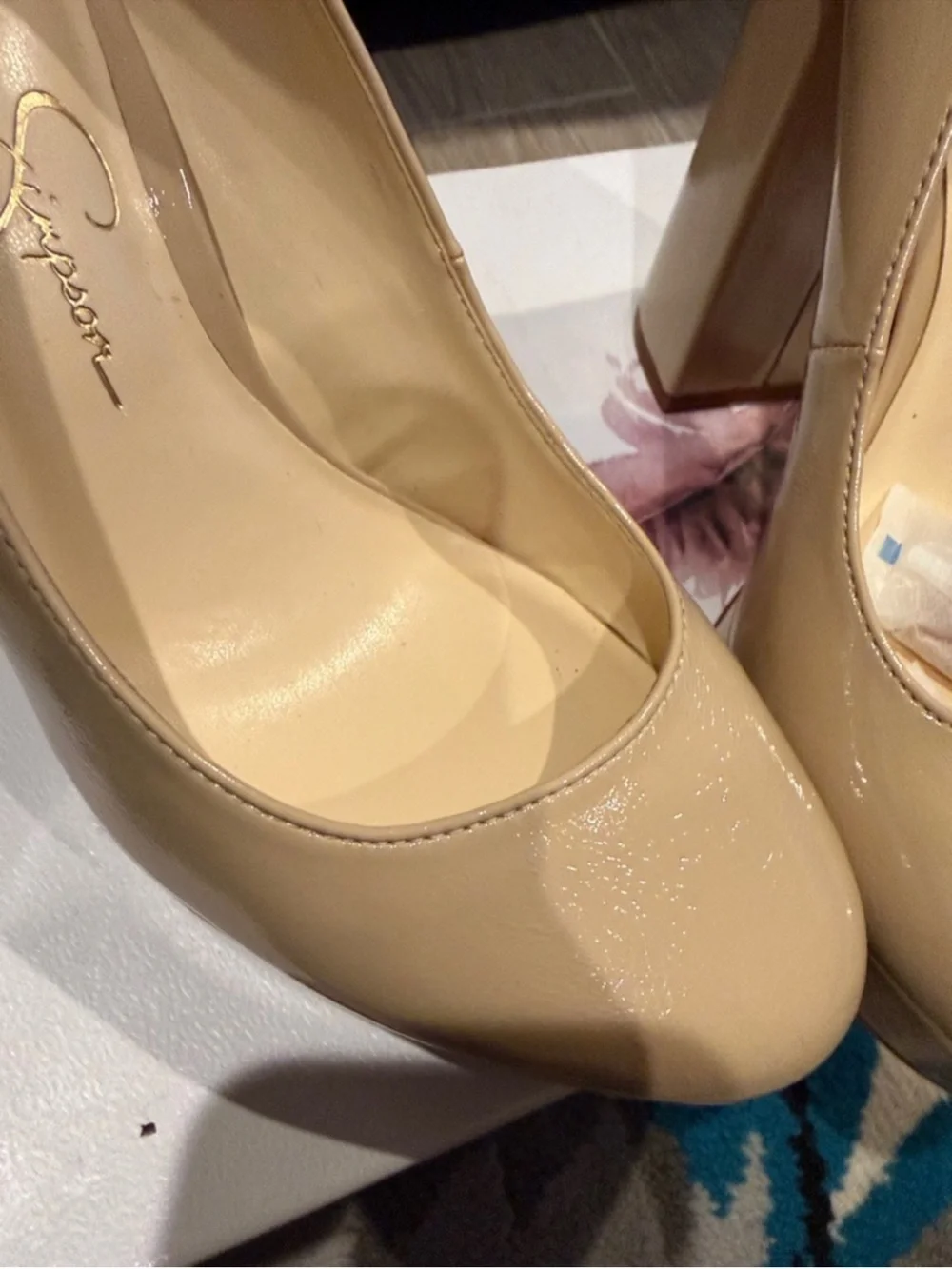 Jessica Simpson Nude Patent Platform Pumps with Block Heel